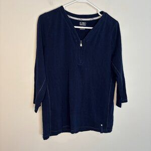 LRL Lauren Ralph Lauren VNeck 3/4 Sleeve Top Womens L Navy Stretch Zipper Detail